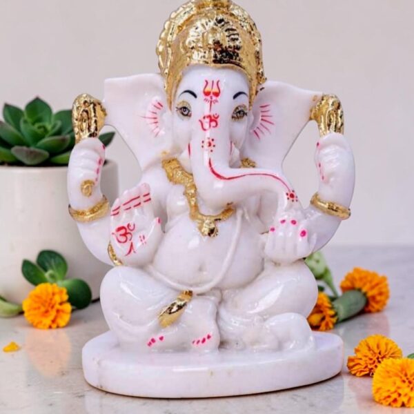 Homes Handcrafted Lord Ganesha Idols for home décor statue Decorative Showpiece - 12 cm (Marble, Gold, Red)