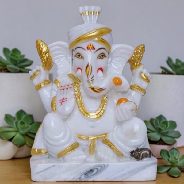 Pagdi Ganesh Statue with Foil Work - Multicolor Ganpati Idol, Premium Resin & Marble Dust Decorative Showpiece for Home Mandir, Car Dashboard & Festive Gifting