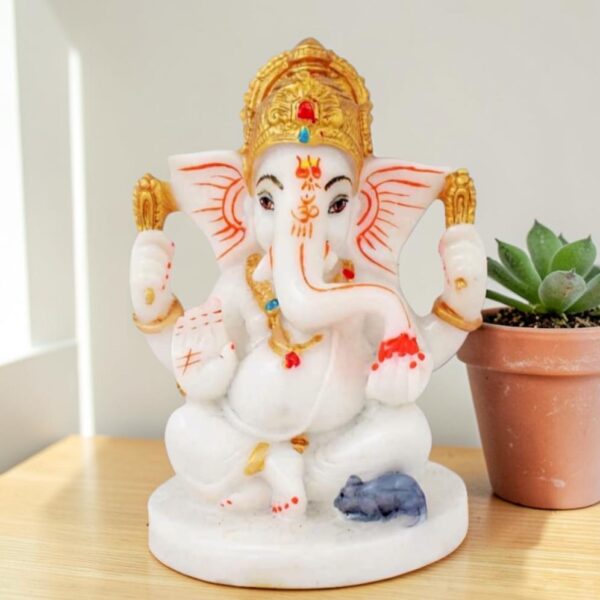 White Ganesh-5 " Decorative Showpiece - 5 Inch (Marble, Multicolor)