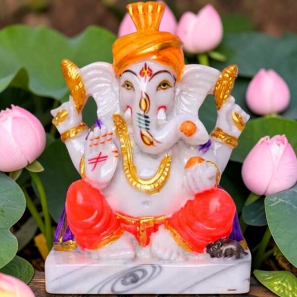 Pagdi Ganesh Statue with Foil Work - Multicolor Ganpati Idol, Premium Resin & Marble Dust Decorative Showpiece for Home Mandir, Car Dashboard & Festive Gifting